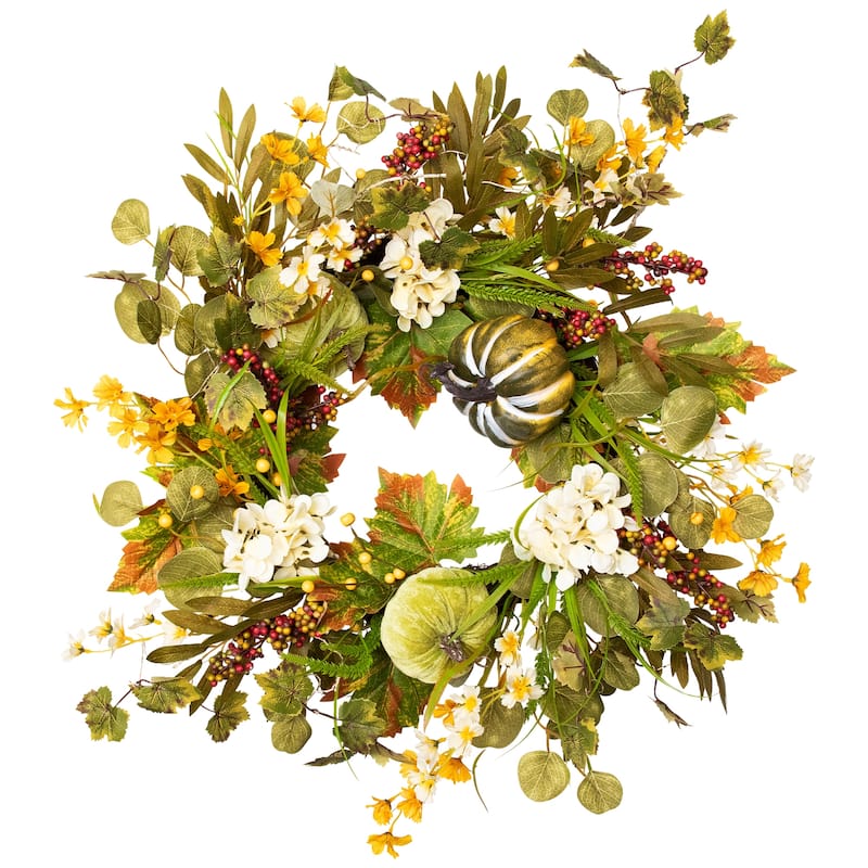 Pumpkins Berries Artificial Fall Harvest Twig Wreath, 24-Inch, Unlit