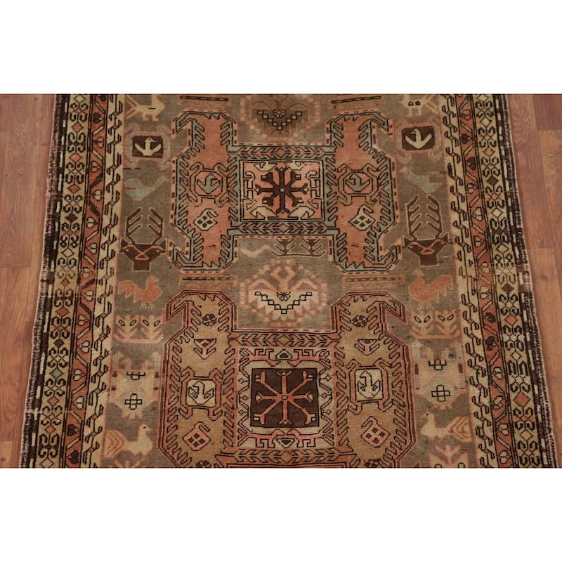 Animals Tribal Meshkin Persian Vintage Runner Rug Handmade Wool Carpet - 3'9"x 10'9"