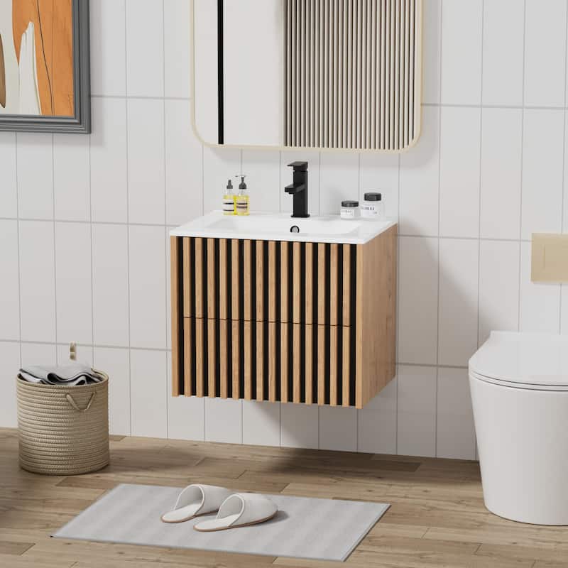 Wall Mounted Bathroom Vanity Set Mid-Century Storage Cabinet with Ceramic Sink
