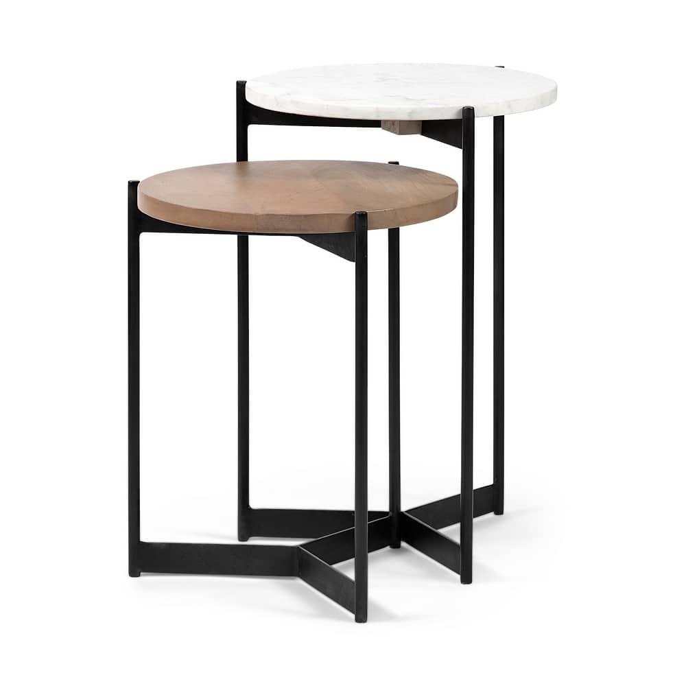 Larkin II Medium Brown Solid Wood and White Marble w/ Black Iron Frame Nesting End / Side Tables (Set of 2)
