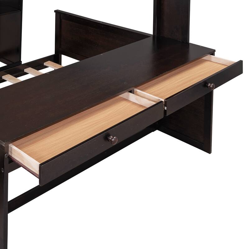 Twin Over Twin Size Bunk Bed Wooden Loft Bed with Wardrobe, Desk, Shelves, Safety Guardrail and Ladder