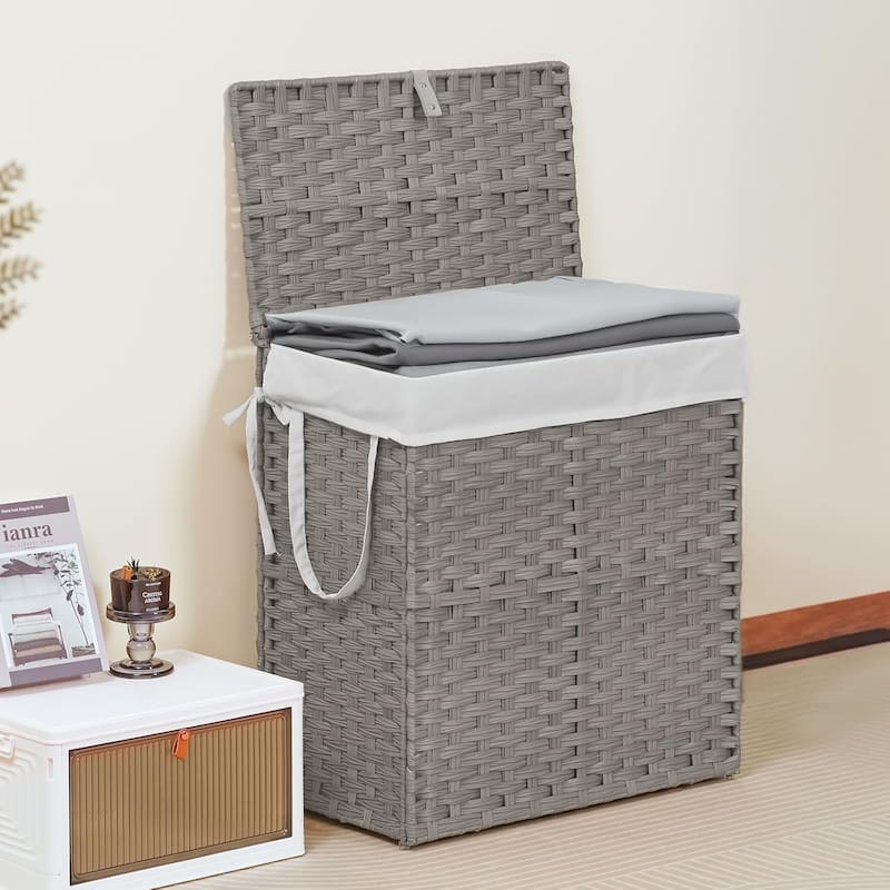 Laundry Hamper with Lid, Synthetic Rattan Clothes Laundry Basket with Lid and Handles, Foldable, Removable Liner