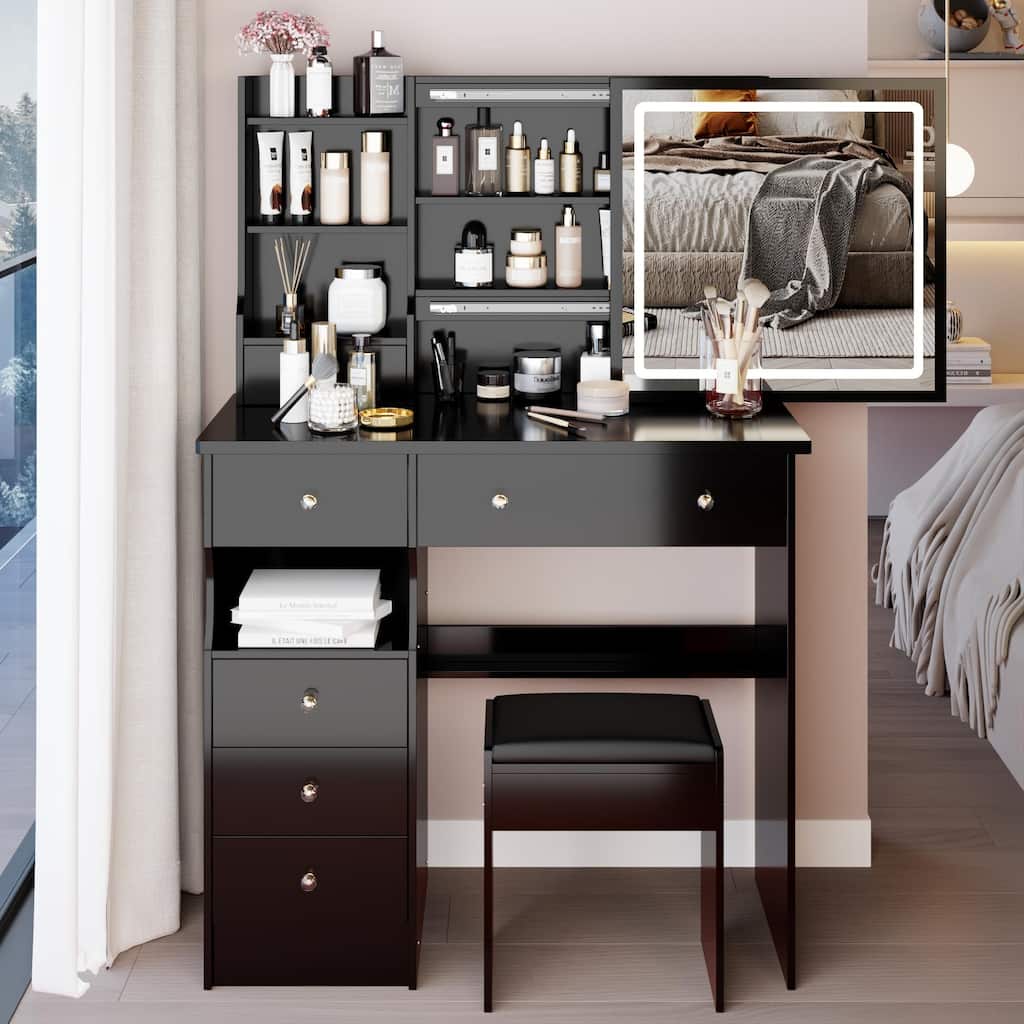 37" Middle Size Left Drawer Desktop Vanity Table + Cushioned Stool, Large Sliding, Touch Control, Tri-color Switching
