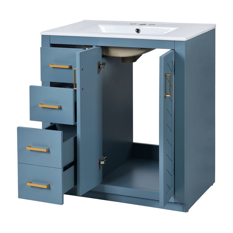 GDFStudio - Montvale Modern Freestanding Bathroom Vanity with Ceramic Sink and 3 Storage Drawers & Soft Closing Doors - 30'W