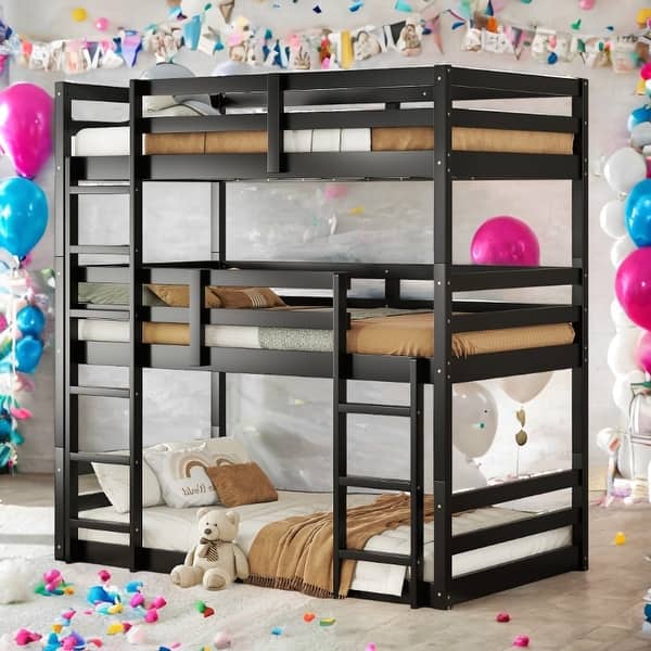 slide 2 of 17, Triple Rubber Wood Bunk Bed with Two Built-in Ladders, Guardrails, Twin over Twin over Twin, Detachable Triple Twin Bunk Bed Black