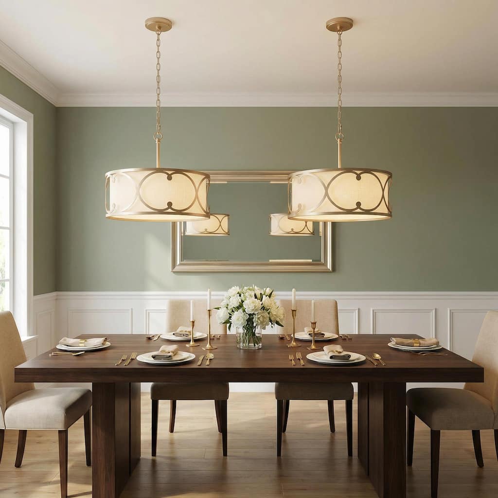 Modern Farmhouse Drum Shaded Chandelier Brass Foyer Pendant Lights - D17.5"x H 14"