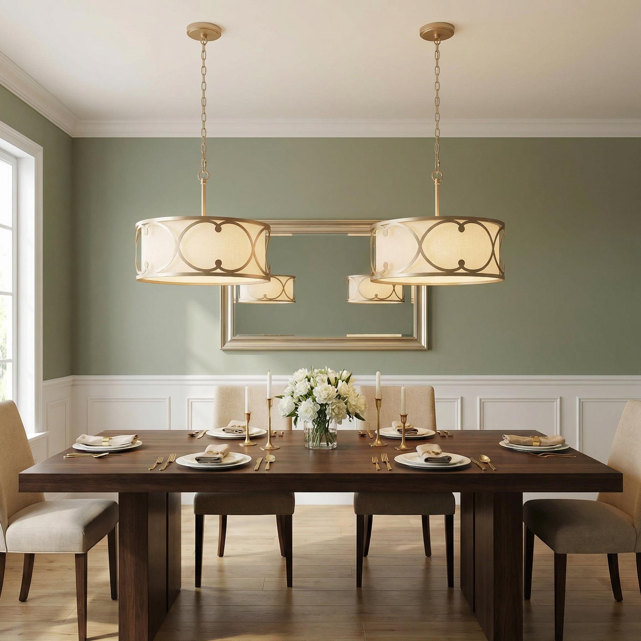 Modern Farmhouse Drum Shaded Chandelier Brass Foyer Pendant Lights - D17.5"x H 14"