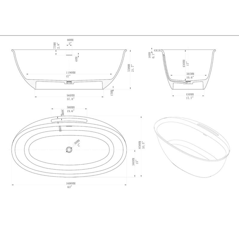 63/67 Inch Stone Resin Solid Surface Freestanding Soaking Bathtub with Center Drain in Matte White