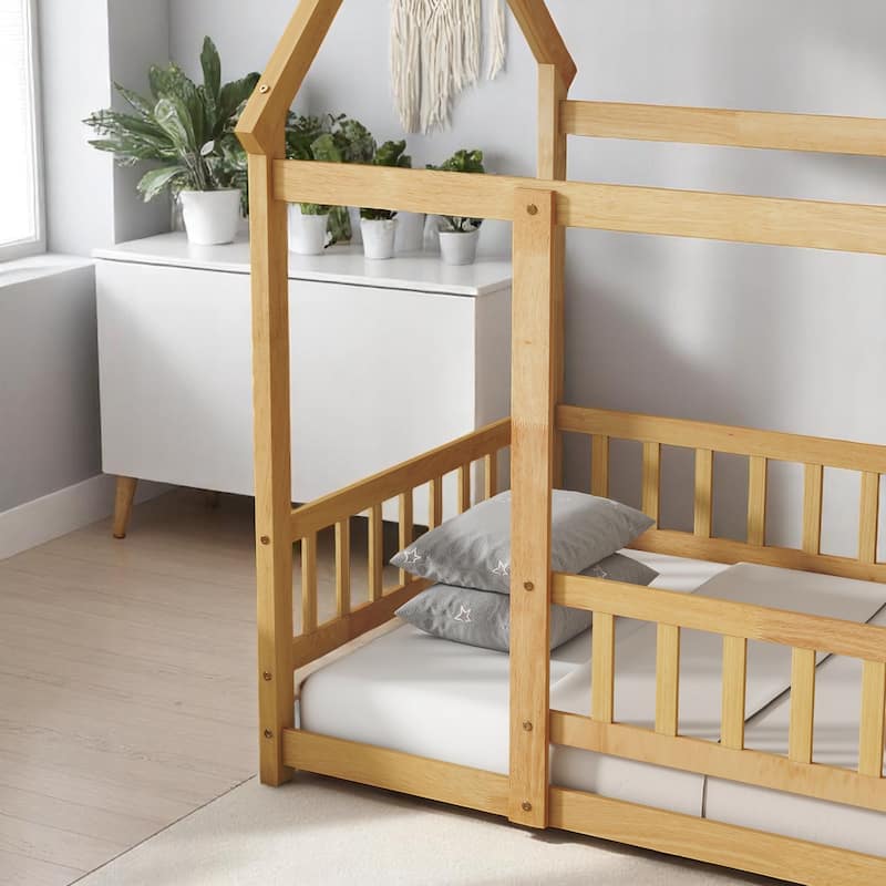 Twin / Full Size Wooden House Bed with Fence and Roof bed Frame, Montessori Style Floor Bed for Kids