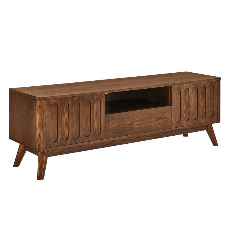 59" Mid-Century Modern TV Stand with Fluted Design, Storage & Solid Wood Legs - Fits 65" TVs