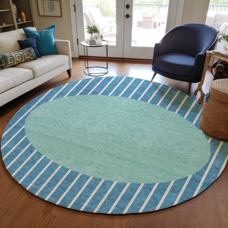 Machine Washable Indoor/ Outdoor Modern Sunrise Chantille Rug - Teal - 8' x 8'