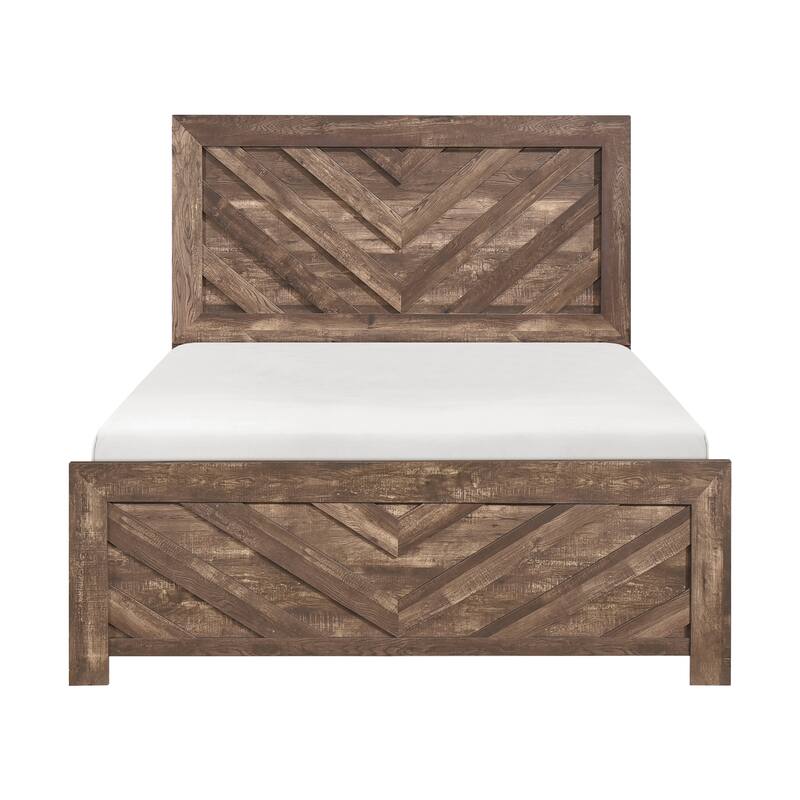 Queen Size Wood Panel Bed with V-Pattern Headboard and Contemporary Farmhouse Style - Rustic Brown