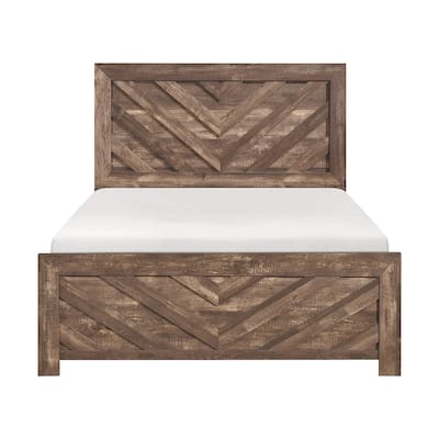 Queen Size Wood Panel Bed with V-Pattern Headboard and Contemporary Farmhouse Style