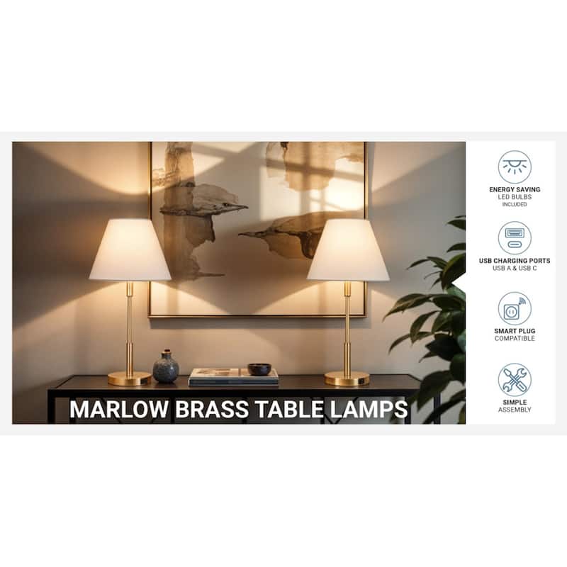 Kenroy Home Marlow Lamp with USB ports - Antique Brass - Set of 2