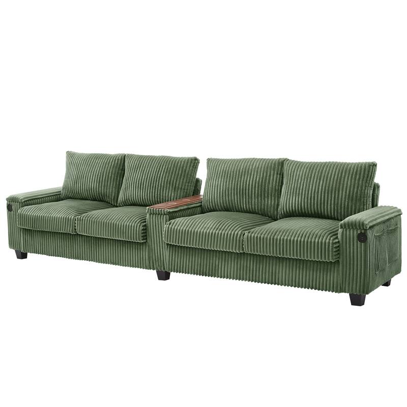 4 Seater Corduroy Sofa Couch with USB Ports and Storage Arms, 133" Modern Sofa with Side Pockets and Flip-Top Cup Holders