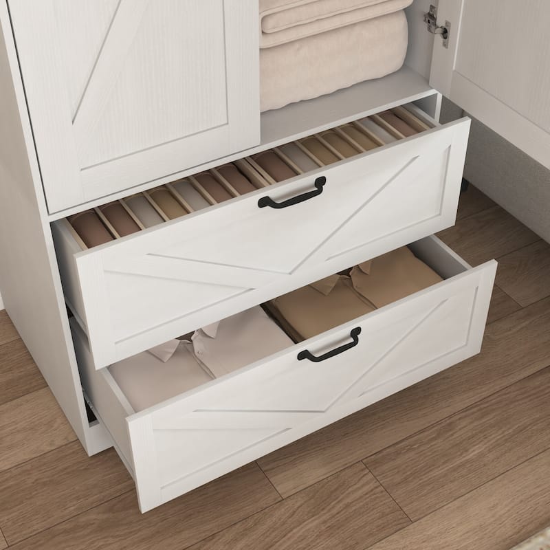 2 Door Wood Wardrobe with Hanging Clothing Rod inside the Cabinet and 2 Drawers, Multifunctional Closet with Mirror