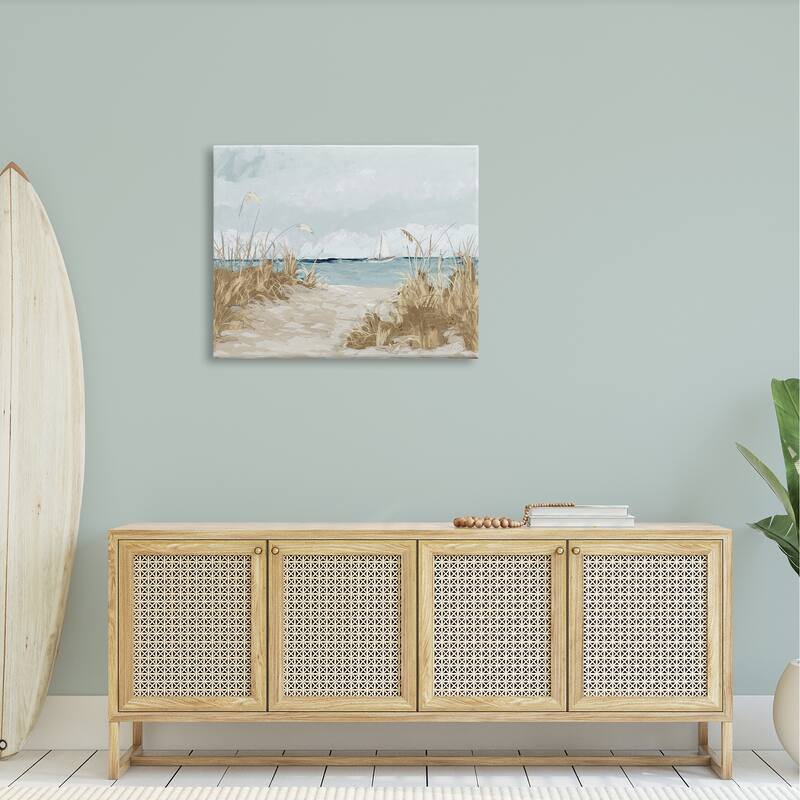 Stupell Sandy Beach Walkway Distant Sailboats Floating Sea Canvas Wall Art, Design by Julie Derice