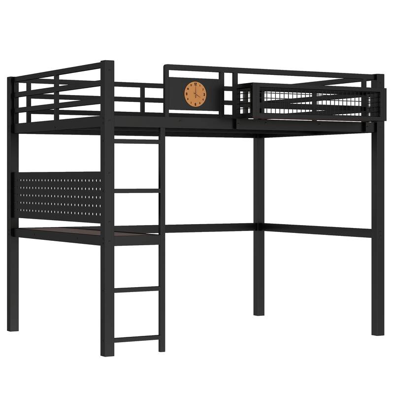 Metal Loft Bed with Desk & Storage Basket, Includes Alarm Clock & Charging Port, Queen/Full/Twin XL