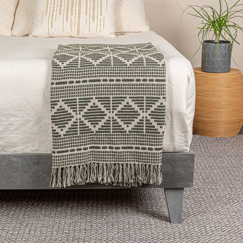 Soft Cotton Blend Throw with Diamond Pattern and Fringe - Green