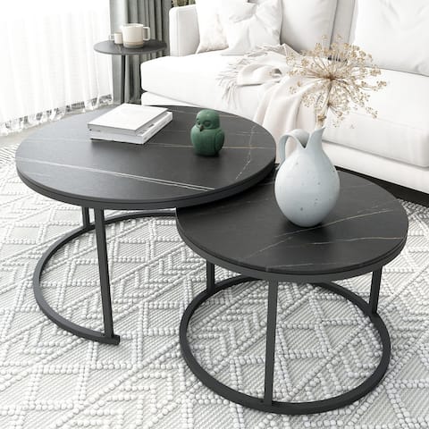 Nesting Coffee Table Set of 2 with Round Side Table Living Room, Black
