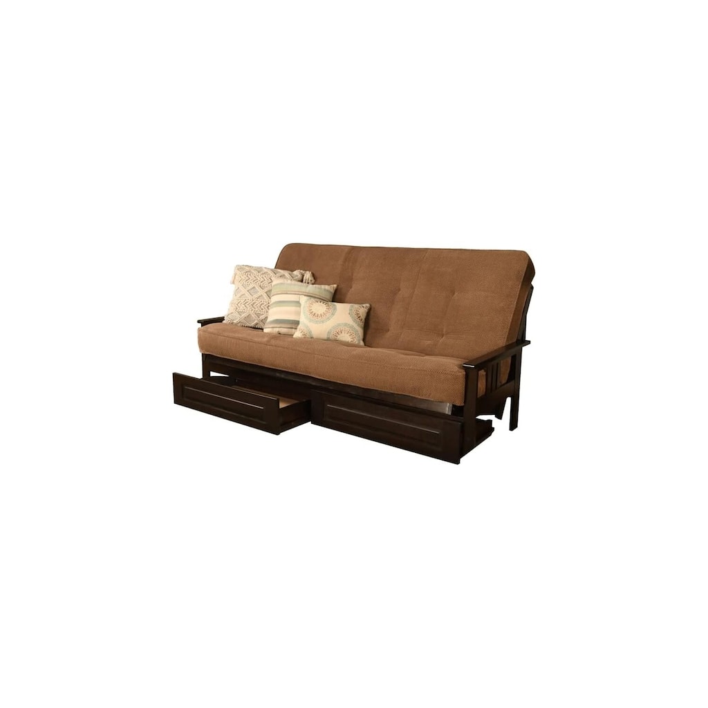Monterey Queen Futon Frame with Espresso Finish and Marmont Mocha Mattress and Storage Drawers - Smart Space Saver