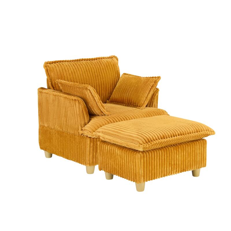 Single Sofa with Ottoman, Comfy Corduroy Upholstered Armchair, Lounge Chair with Throw Pillows for Living Room, Balcony
