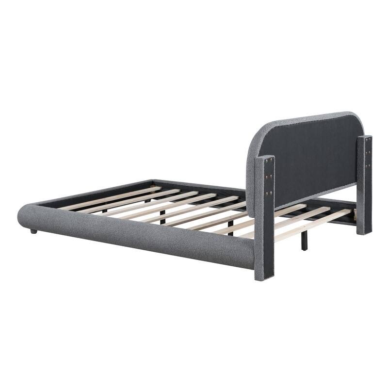 Full/Queen Size Teddy Fleece Upholstered Bed with Thick Fabric, Platform Bed Frame with Headboard & Stylish Curve-shaped Design