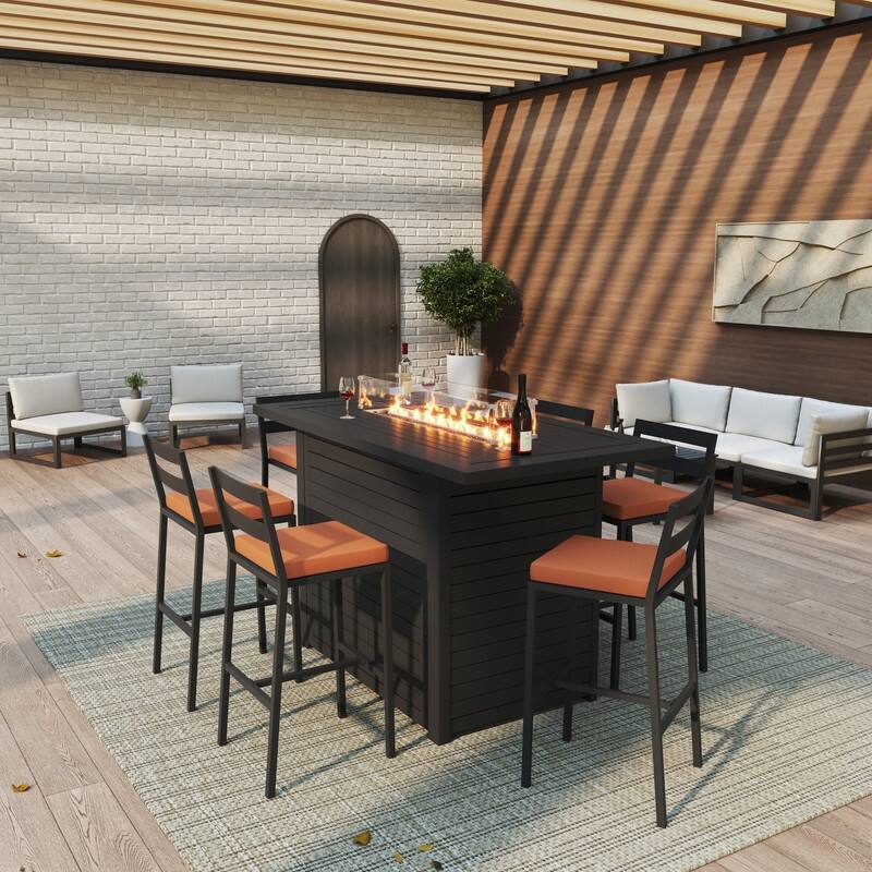 Chelsea 7-Piece Outdoor Patio Bar Height Dining Set in Aluminum with Rectangular Fire Pit Table and 6 Barstool