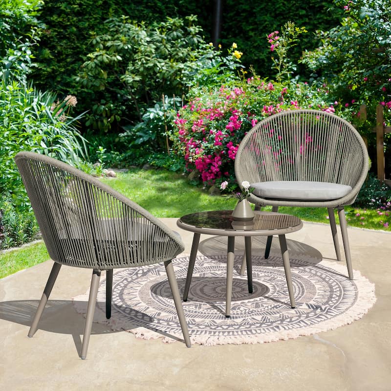 Outdoor 3 Pieces Patio Woven Rope Bistro Set with Cushions