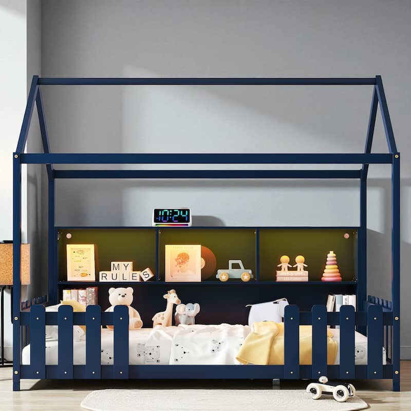 Twin Size Wooden House Bed with LED Light and Storage Bookshelf, Low Floor Kids Bed Frame with Guardrails