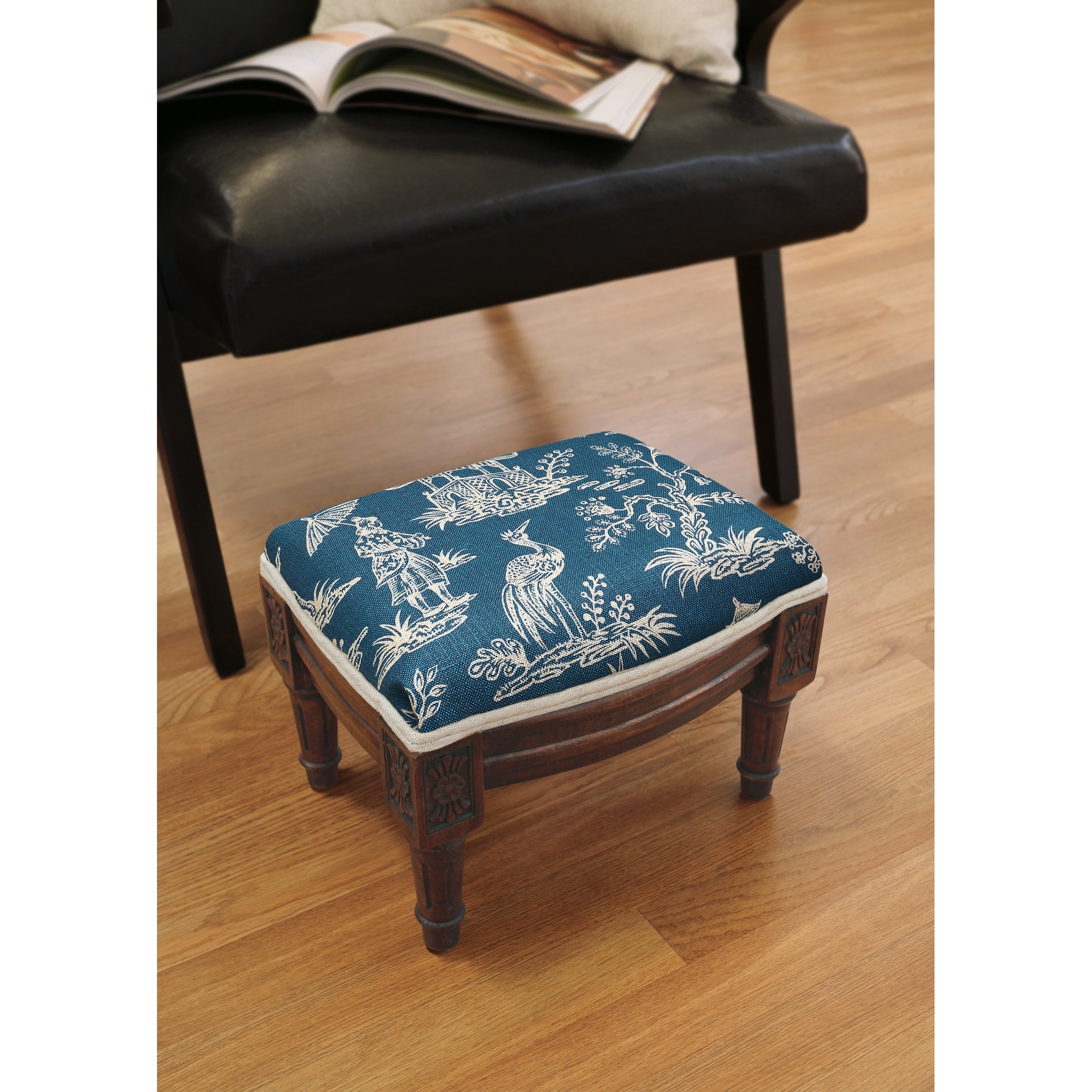 Navy Blue Chinoiserie Footstool with wood stained finish