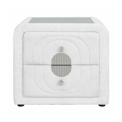 2 Drawers Teddy Sherpa Nightstand with Crystal Button in White and Chrome