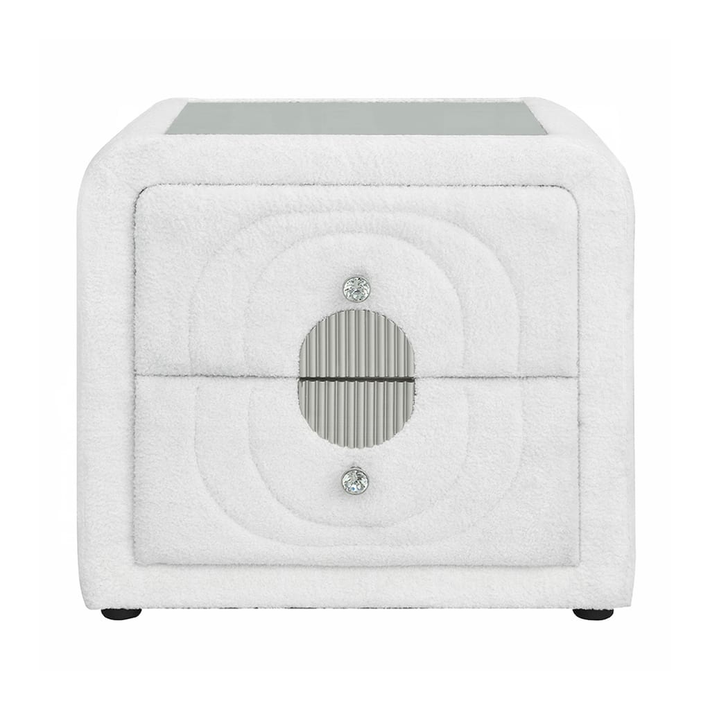 2 Drawers Teddy Sherpa Nightstand with Crystal Button in White and Chrome