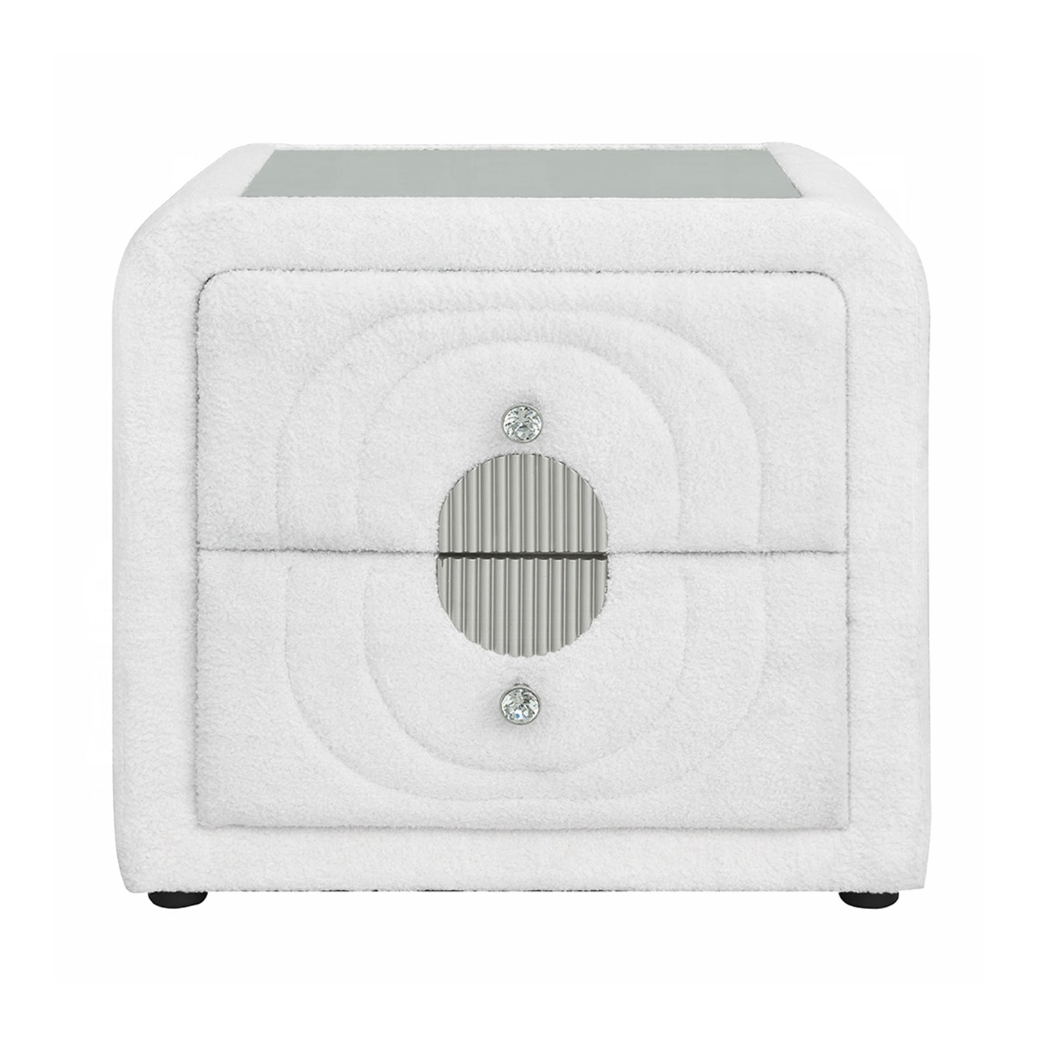 2 Drawers Teddy Sherpa Nightstand with Crystal Button in White and Chrome