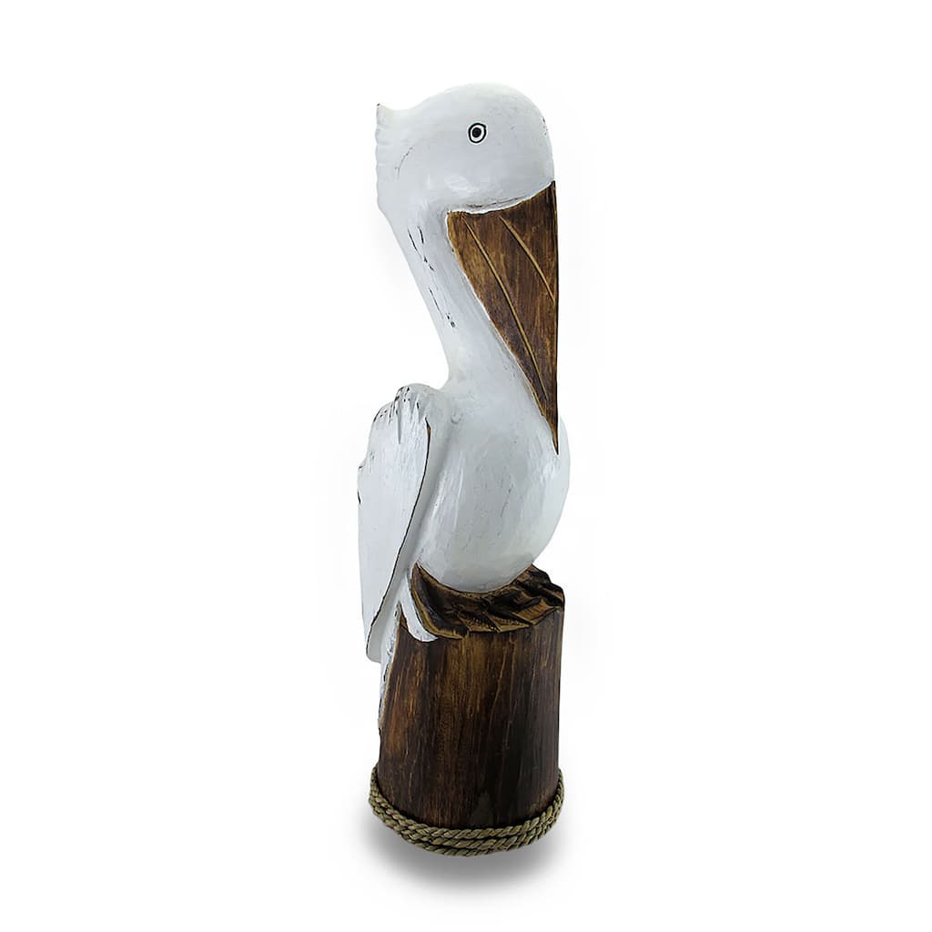 Hand Carved / Painted Wooden Pelican On Piling Statue Coastal - 20 X 6 X 6 inches