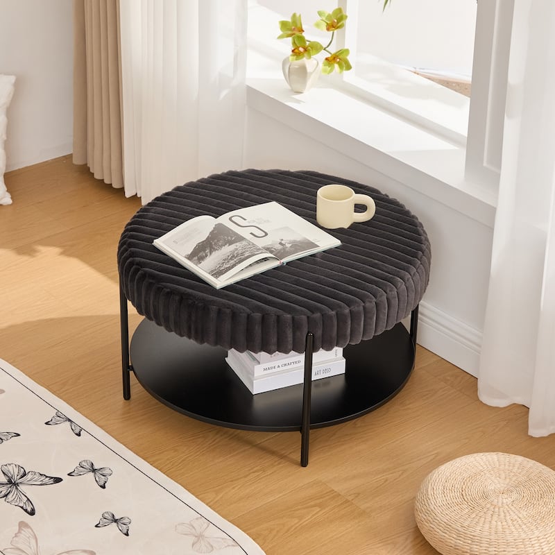 30.9"Wide Upholstered Round Ottoman Coffee Table Foot Rest with Black Metal Legs, Footstool with Wooden Open Storage Shelf