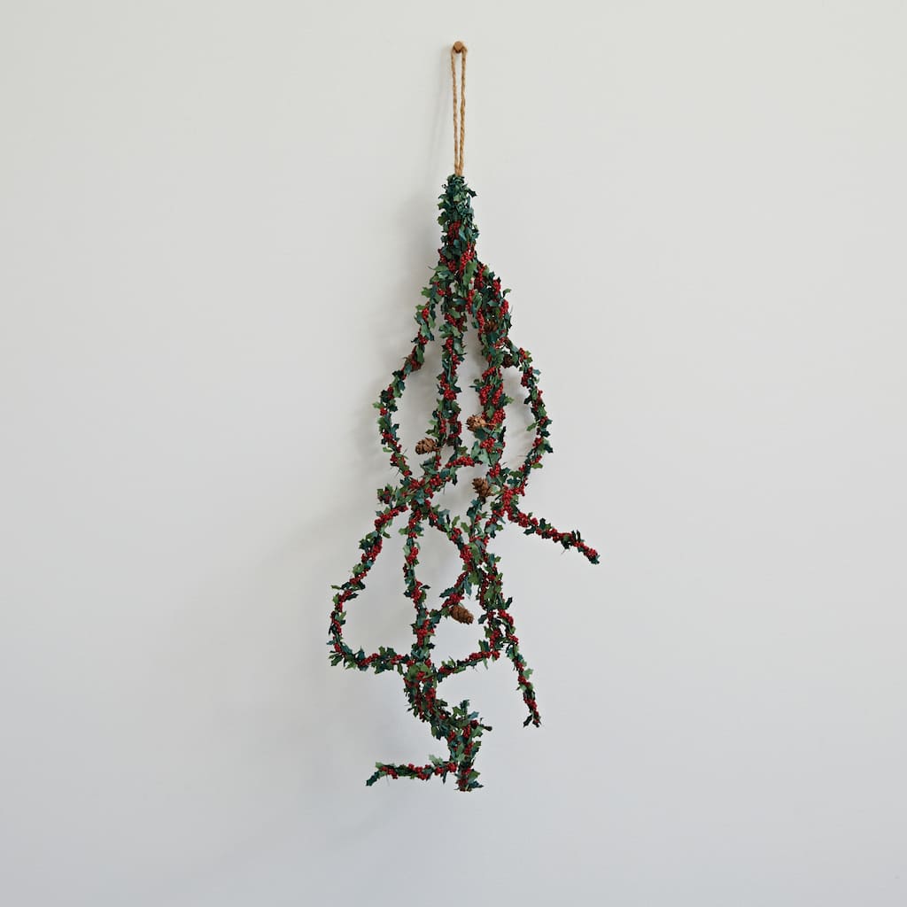 Faux Holly Leaf Spray with Red Berries and Natural Pinecones