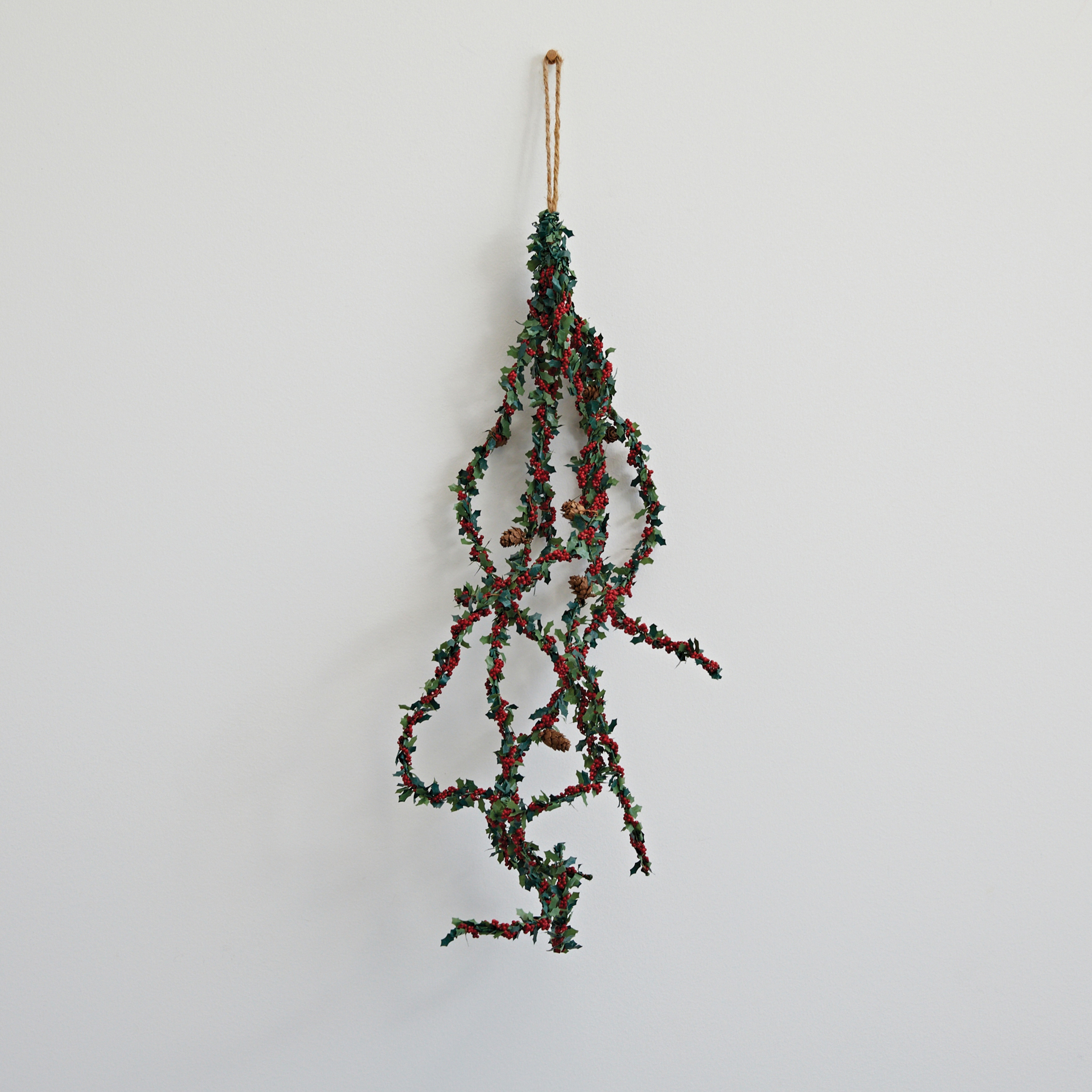 Faux Holly Leaf Spray with Red Berries and Natural Pinecones