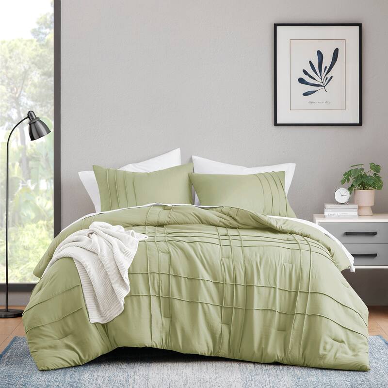 Chelsea Square Evans Pinch Pleated Soft Washed Boho Comforter Set - Sage - California King