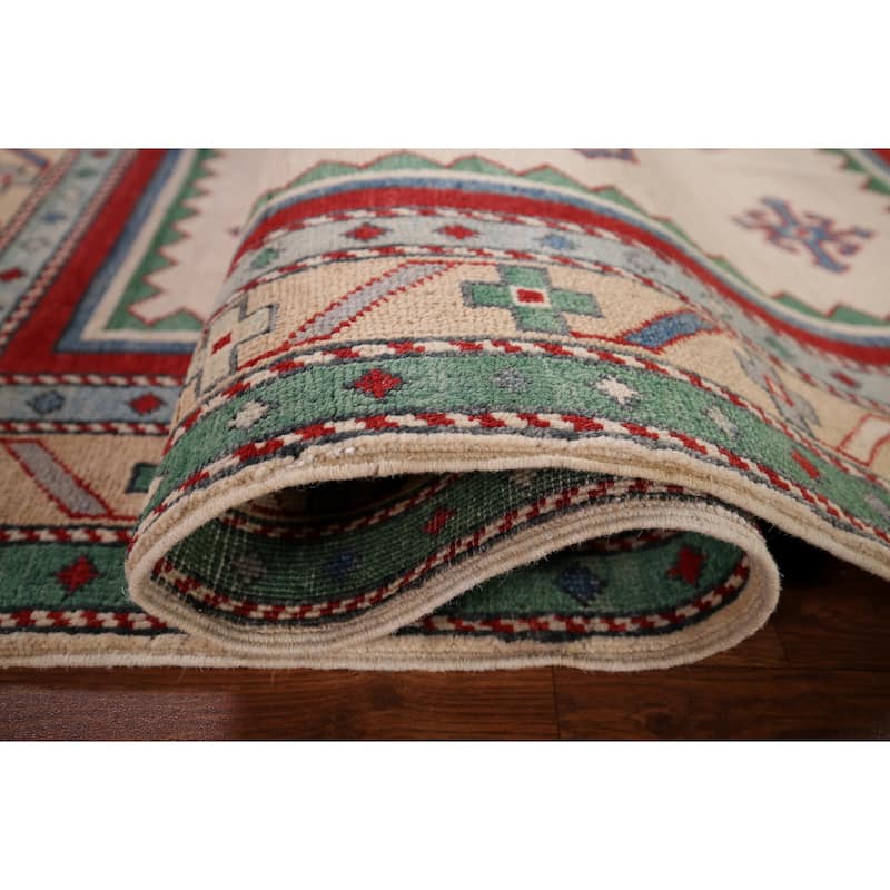 Ivory Geometric Kazak Oriental Area Rug Handmade Bedroom Wool Carpet - 4'0" x 5'9"