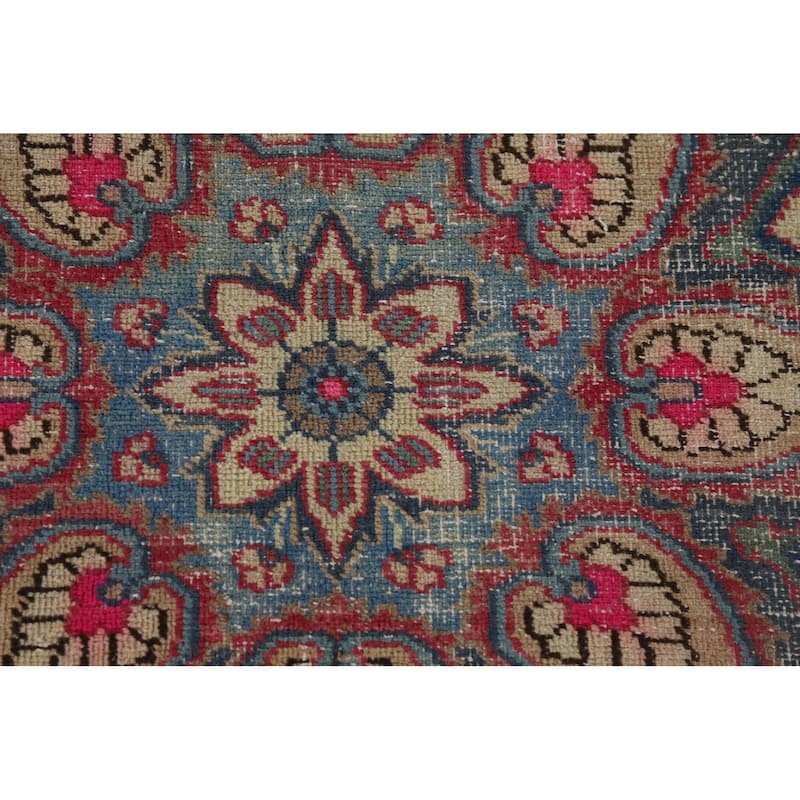 Distressed Mashad Persian Antique Area Rug Hand-Knotted Wool Carpet - 9'5" x 12'5"