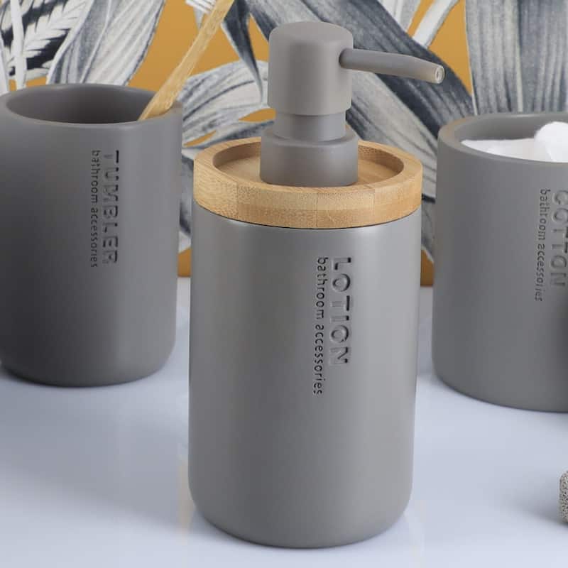 Elegant Soap Dispenser - Polyresin and Bamboo Design, Refillable Liquid Pump - 3 L x 3 W X 7 h