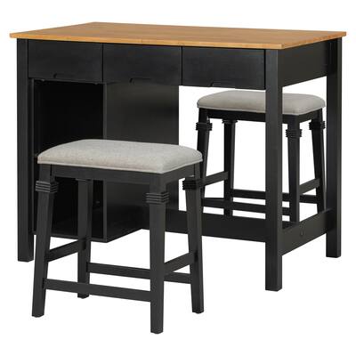 Butcher Block Dining Table Set Prep Table Set with 2 Shelves and 3 Drawers for Small Places