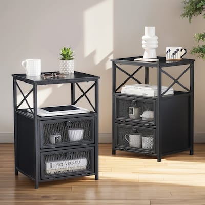 VECELO Modern End Table with 3-tier Storage Shelves, Nightstands with Charging Station(Nightstand Set of 2)