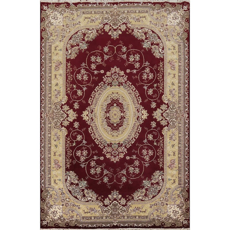 Burgundy Red Aubusson Turkish Rug Machine Made Carpet - 6'7" x 9'9"