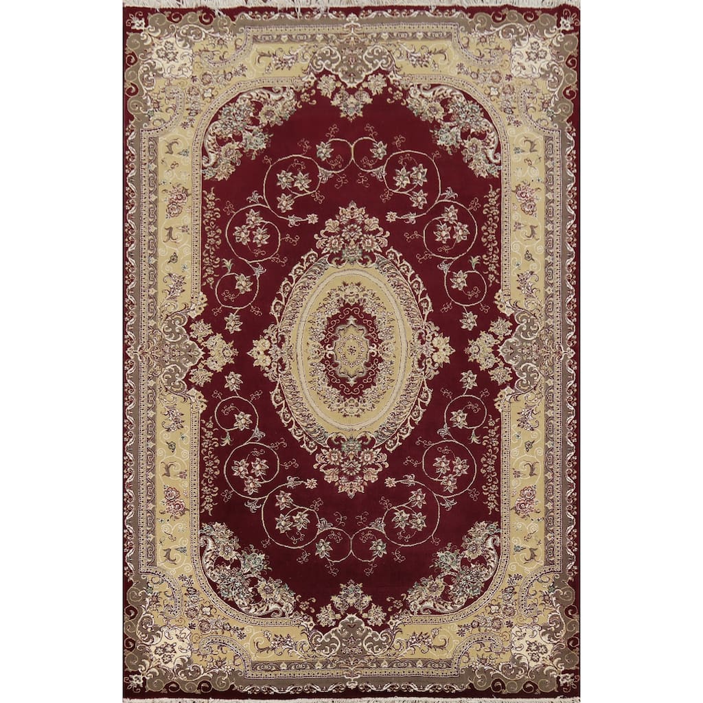 Burgundy Red Aubusson Turkish Rug Machine Made Carpet - 6'7" x 9'9"
