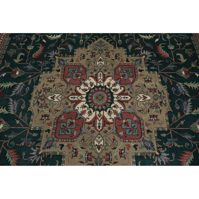 Hand Knotted Oriental 100% Wool Carpet Traditional Geometric Green Heriz Area Rug - 13' 10'' X 9' 8''