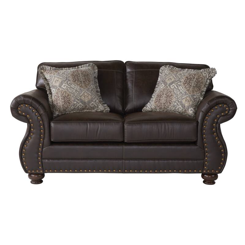 Roundhill Furniture Leinster Fabric Upholstered Nailhead Loveseat in Espresso