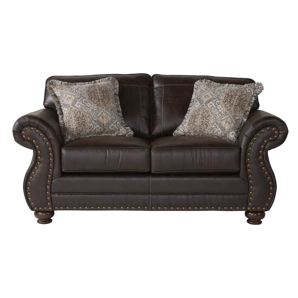 Roundhill Furniture Leinster Fabric Upholstered Nailhead Loveseat in Espresso