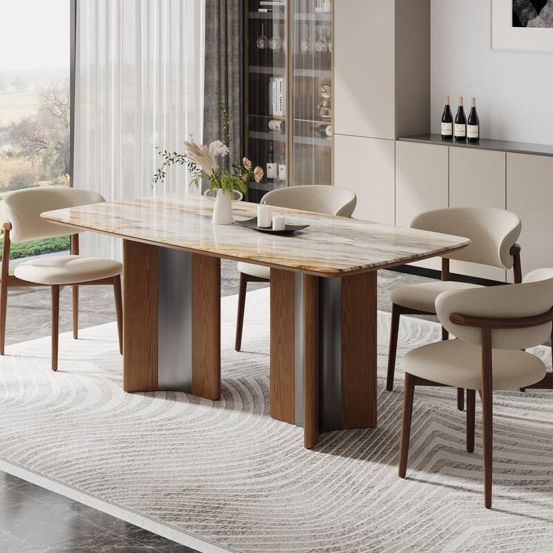 63" Modern Faux Marble Dining Table, Luxury Rectangular Kitchen Table with Wood & Metal Base, Seats 4-6